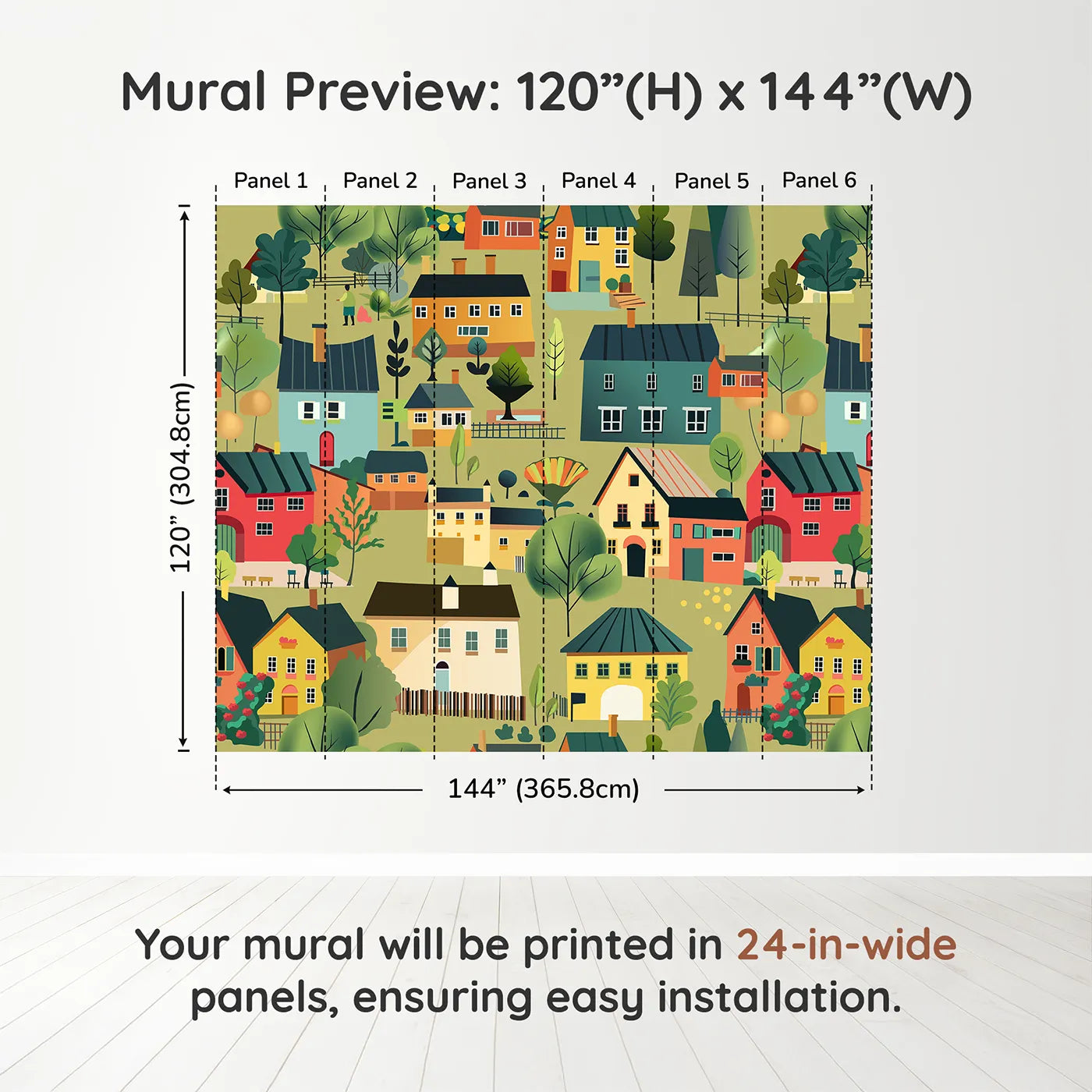 Whimsy Tots Colorful Village Wall Muraldimension view (120" H x 144" W). Printed in six 24-inch-wide panels. Gender-Neutral