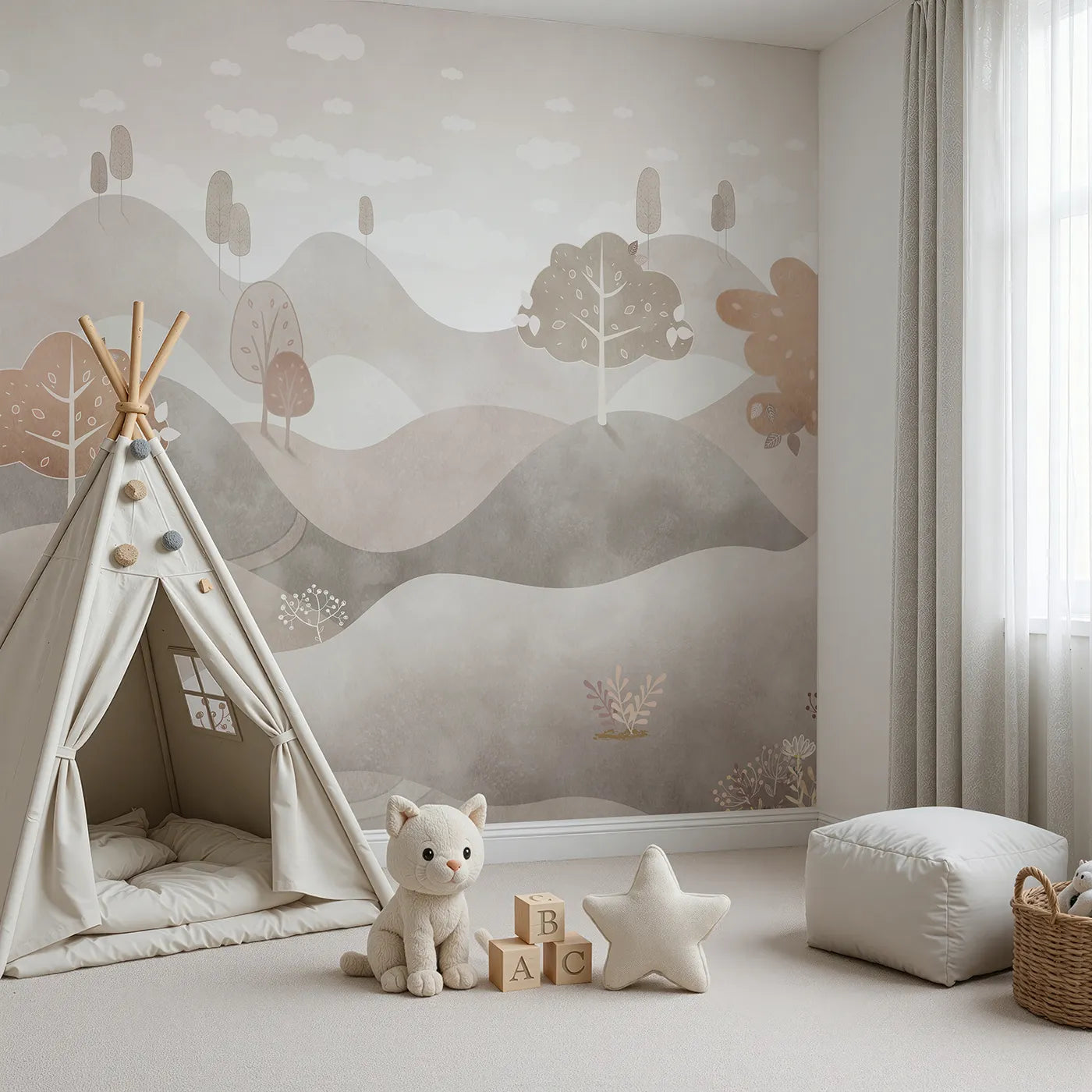 Angled view of Whimsy Tots' Minimalist Brown Hills Wall Mural (Turn Their Room into a Calm and Gentle, Abstract Landscape).Gender-Neutral