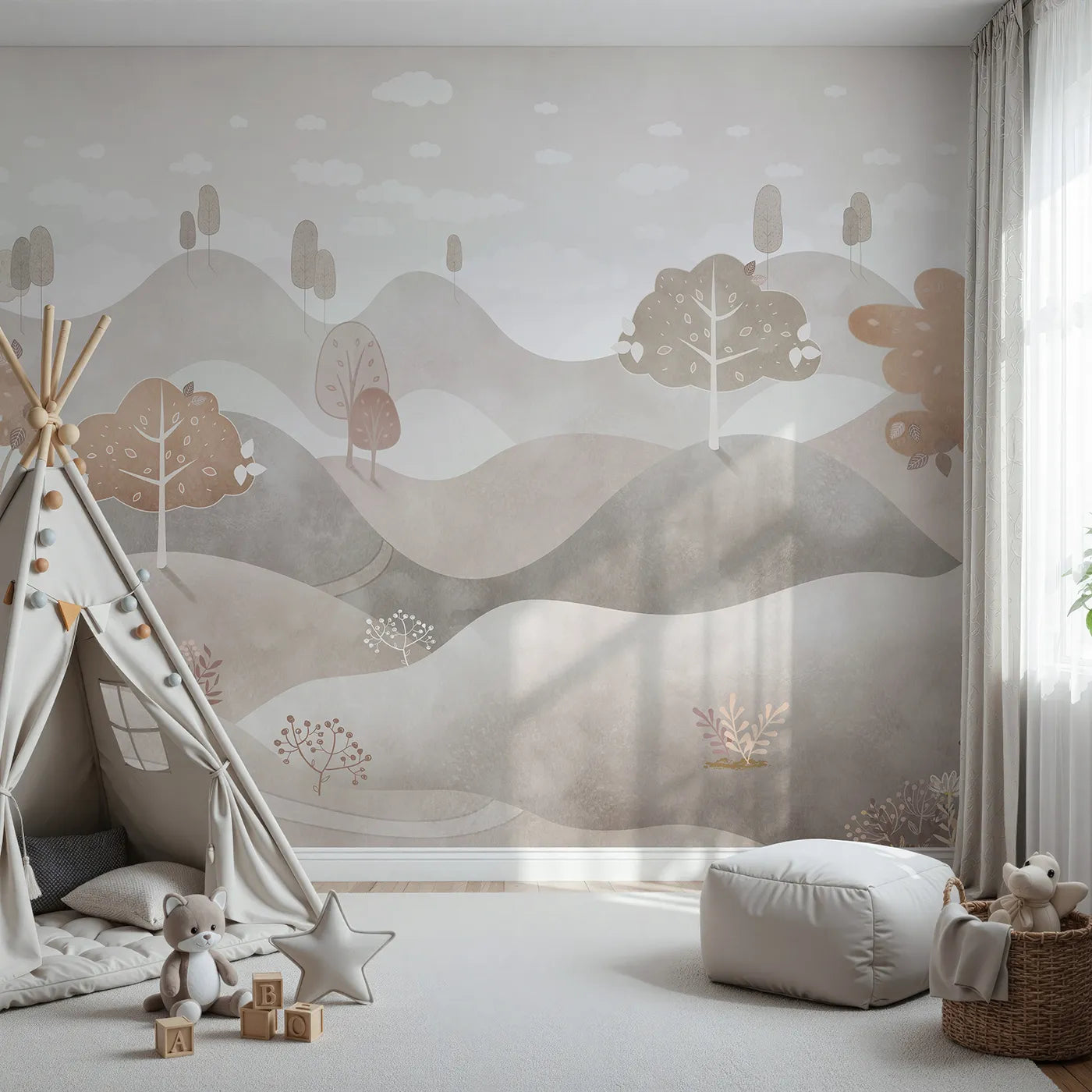 Front view of Whimsy Tots' Minimalist Brown Hills Wall Mural