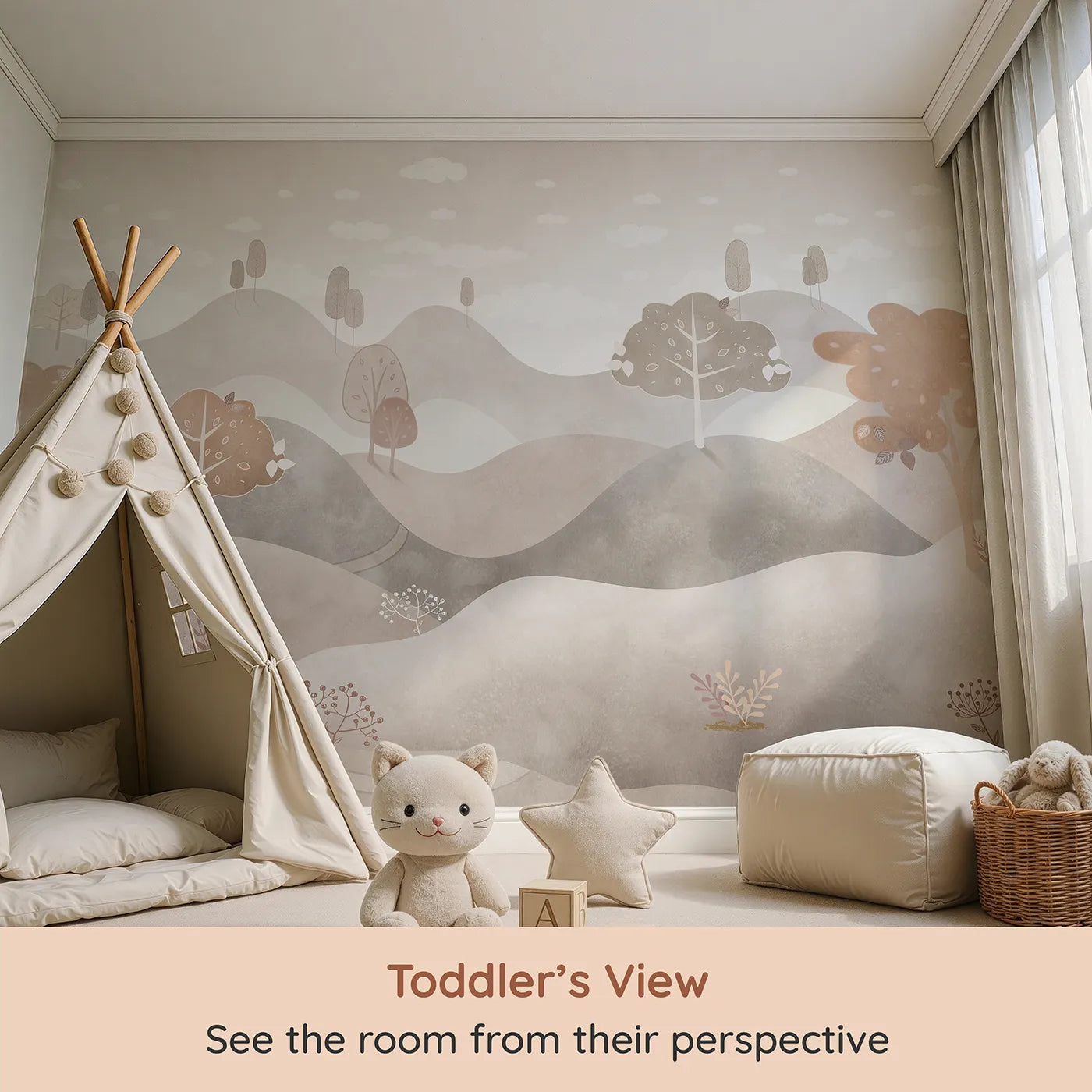 Whimsy Tots Minimalist Brown Hills Wall Mural (Turn Their Room into a Calm and Gentle, Abstract Landscape) from your child's view.Gender-Neutral