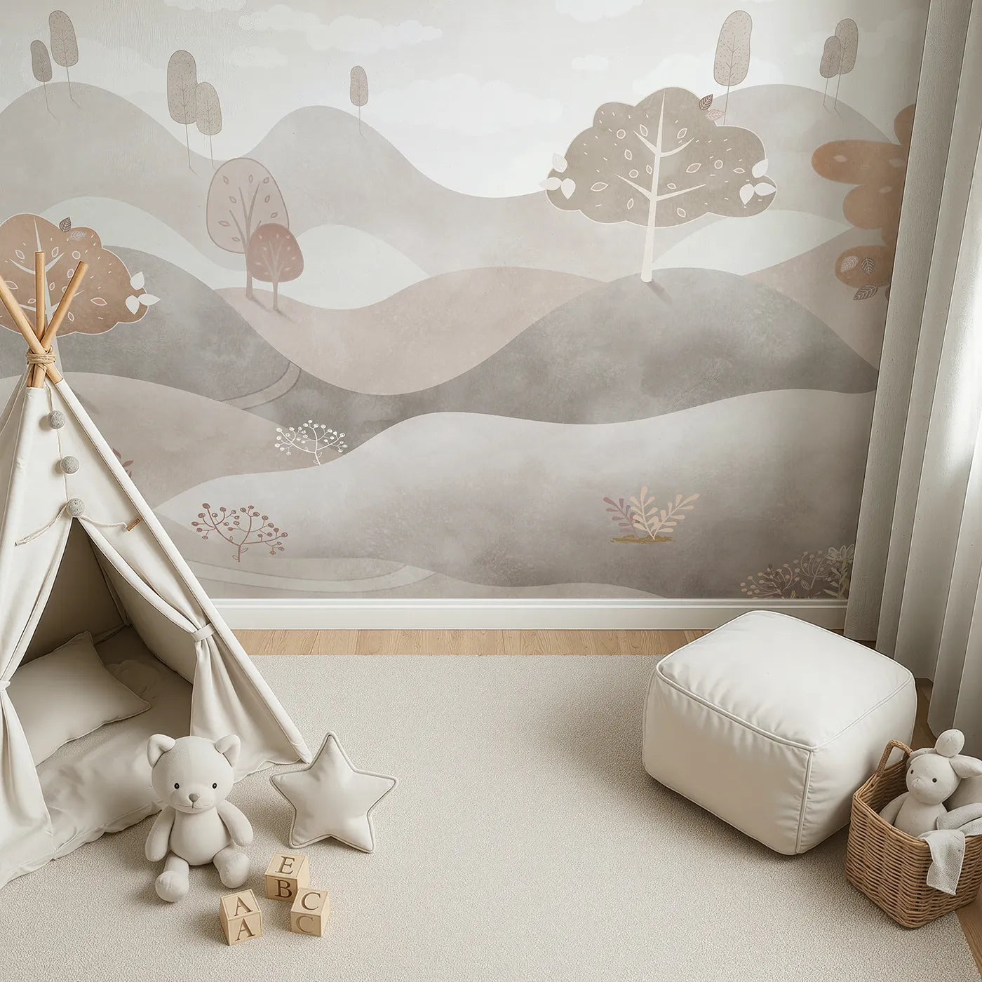 Top-down view of Whimsy Tots' Minimalist Brown Hills Wall Mural (Turn Their Room into a Calm and Gentle, Abstract Landscape).Gender-Neutral