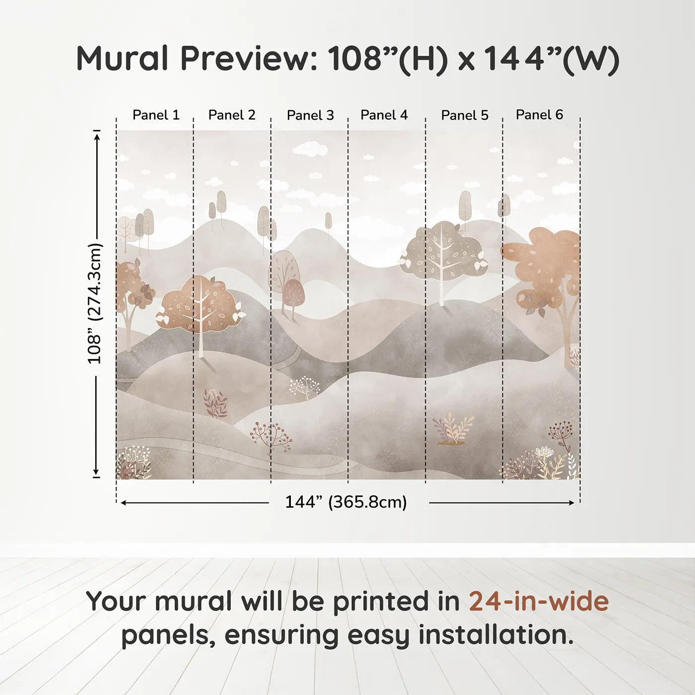 Whimsy Tots Minimalist Brown Hills Wall Muraldimension view (108" H x 144" W). Printed in six 24-inch-wide panels. Gender-Neutral