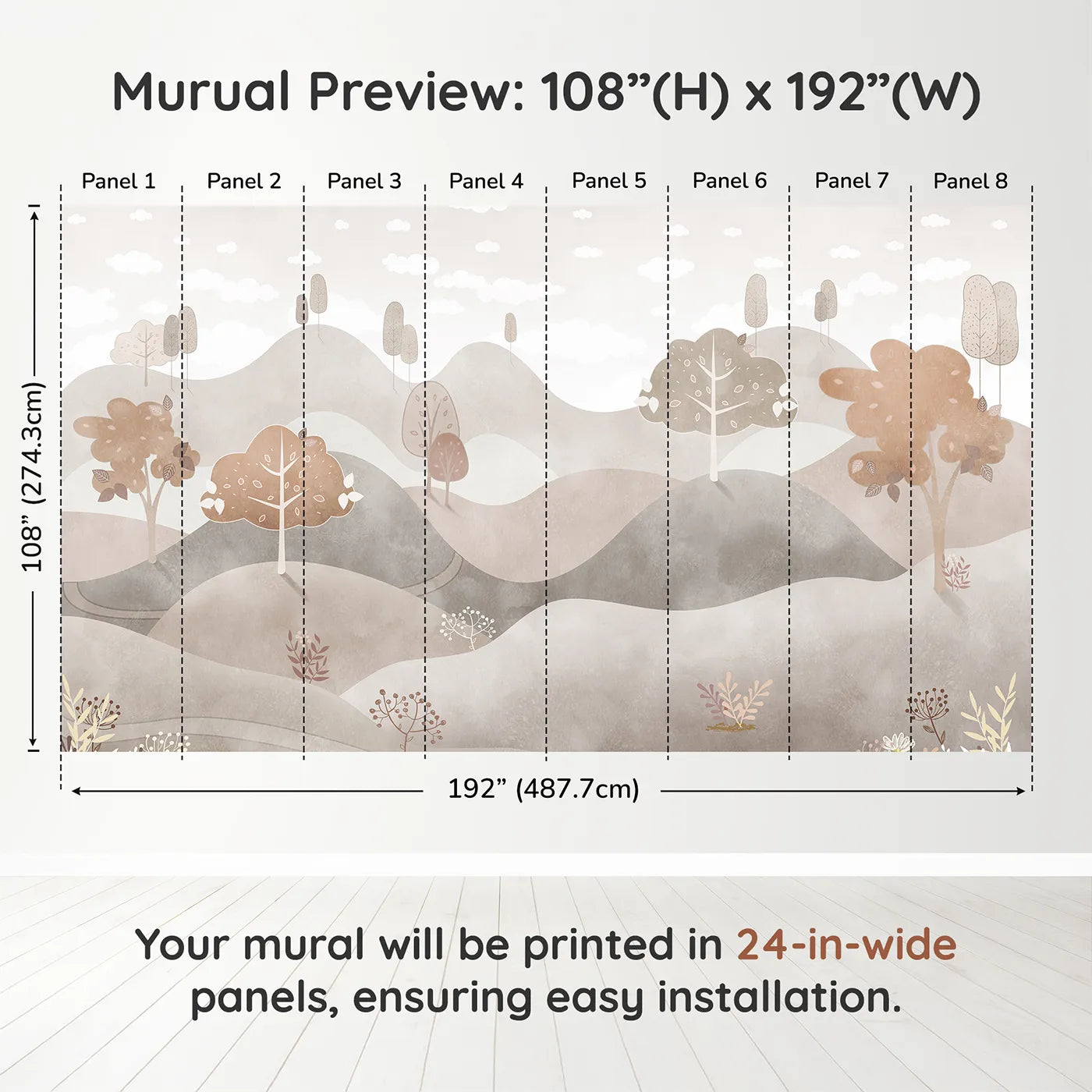 Whimsy Tots Minimalist Brown Hills Wall Muraldimension view (108" H x 192" W). Printed in eight 24-inch-wide panels. Gender-Neutral