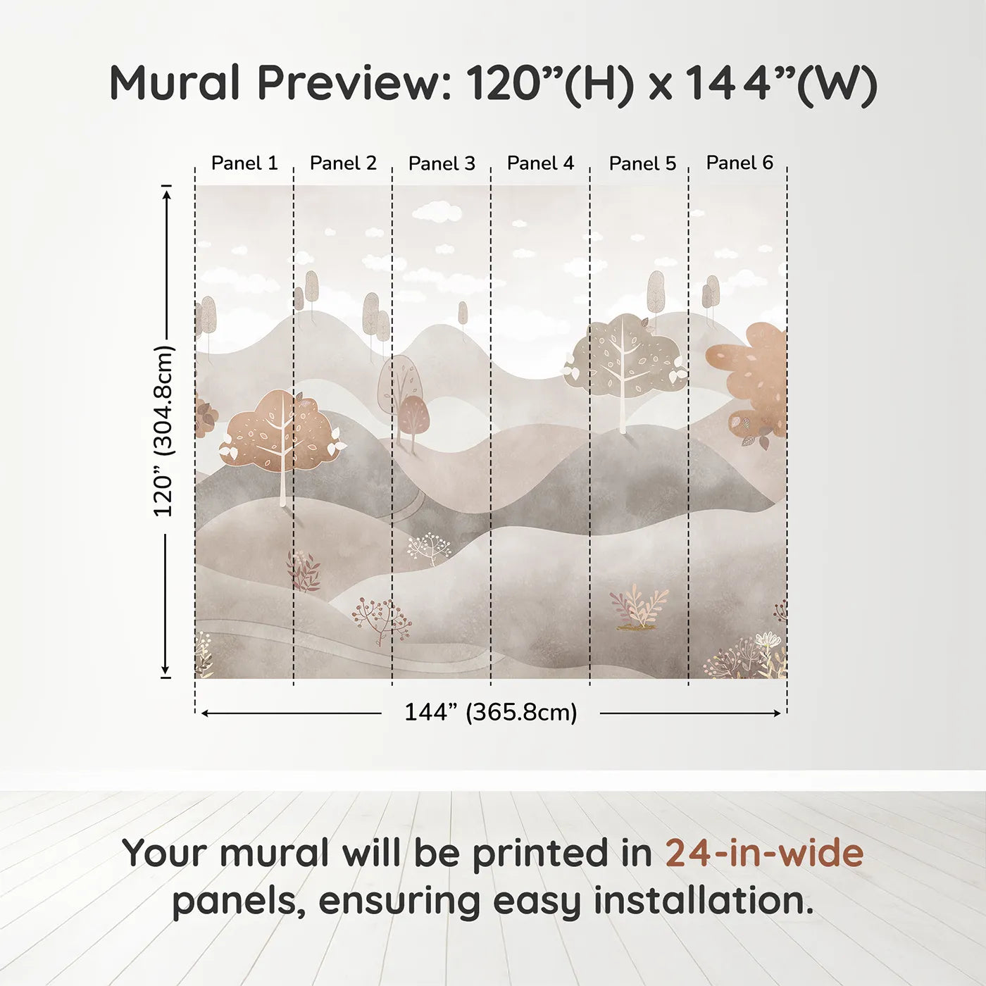 Whimsy Tots Minimalist Brown Hills Wall Muraldimension view (120" H x 144" W). Printed in six 24-inch-wide panels. Gender-Neutral