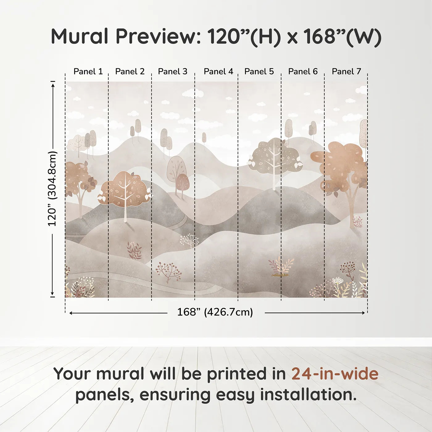 Whimsy Tots Minimalist Brown Hills Wall Muraldimension view (120" H x 168" W). Printed in seven 24-inch-wide panels. Gender-Neutral