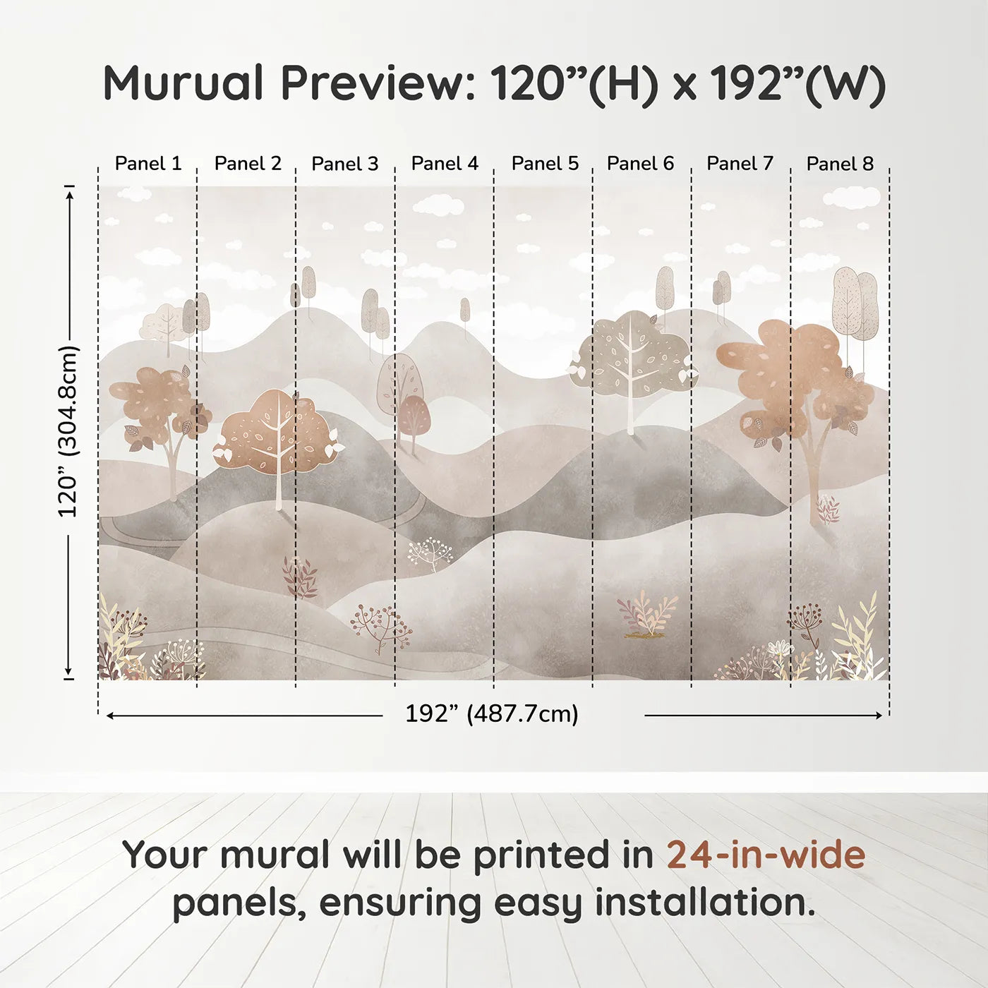 Whimsy Tots Minimalist Brown Hills Wall Muraldimension view (120" H x 192" W). Printed in eight 24-inch-wide panels. Gender-Neutral