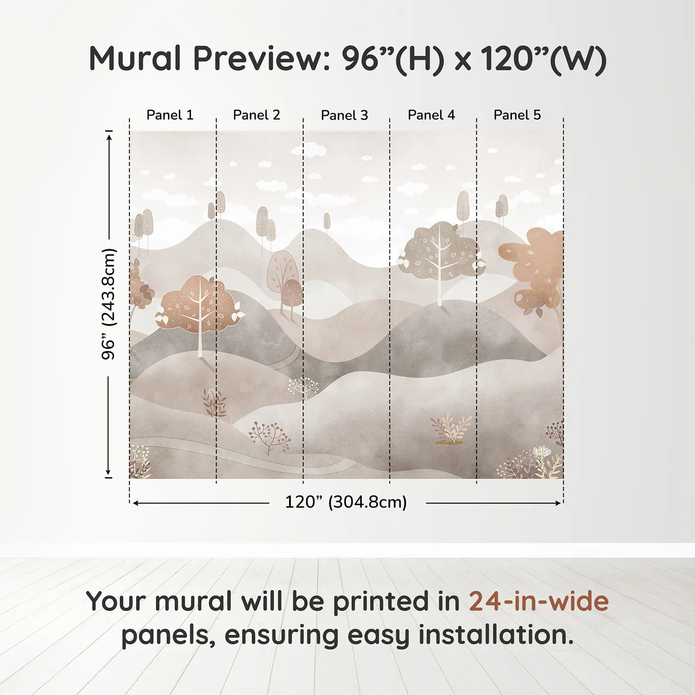 Whimsy Tots Minimalist Brown Hills Wall Muraldimension view (96" H x 120" W). Printed in five 24-inch-wide panels. Gender-Neutral