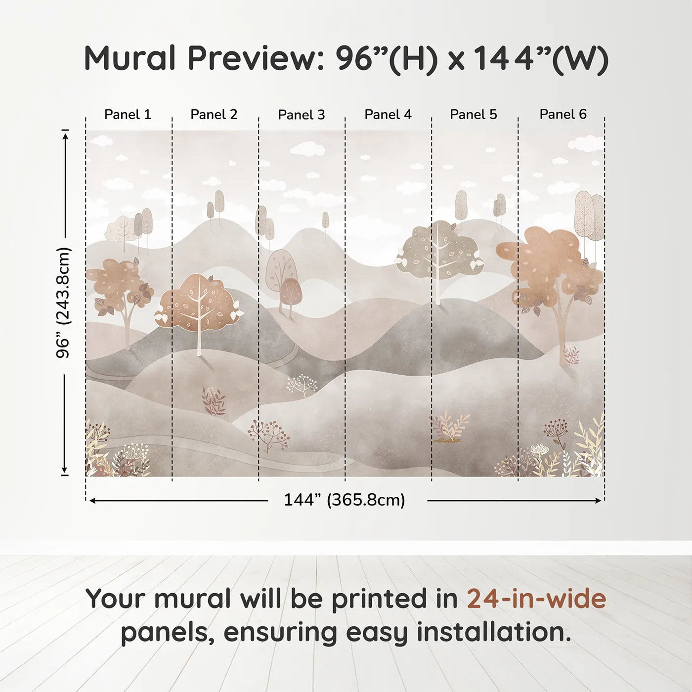 Whimsy Tots Minimalist Brown Hills Wall Muraldimension view (96" H x 144" W). Printed in six 24-inch-wide panels. Gender-Neutral