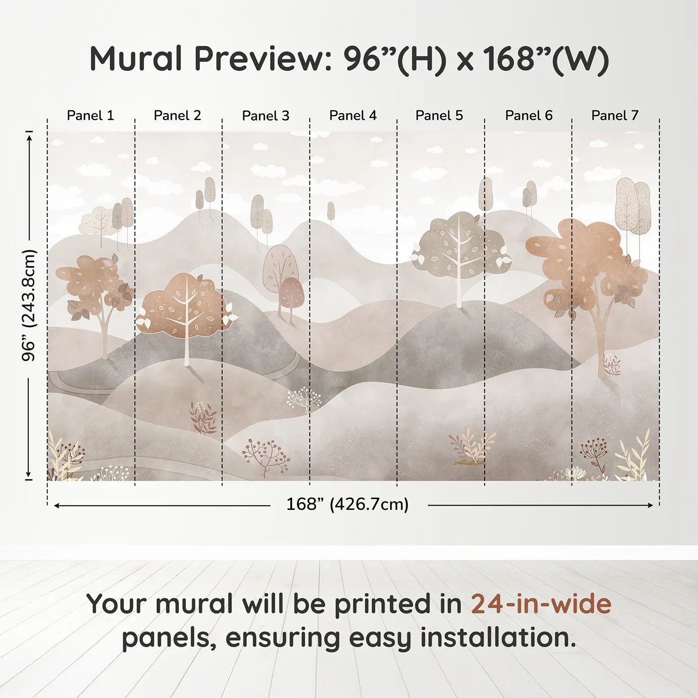 Whimsy Tots Minimalist Brown Hills Wall Muraldimension view (96" H x 168" W). Printed in seven 24-inch-wide panels. Gender-Neutral