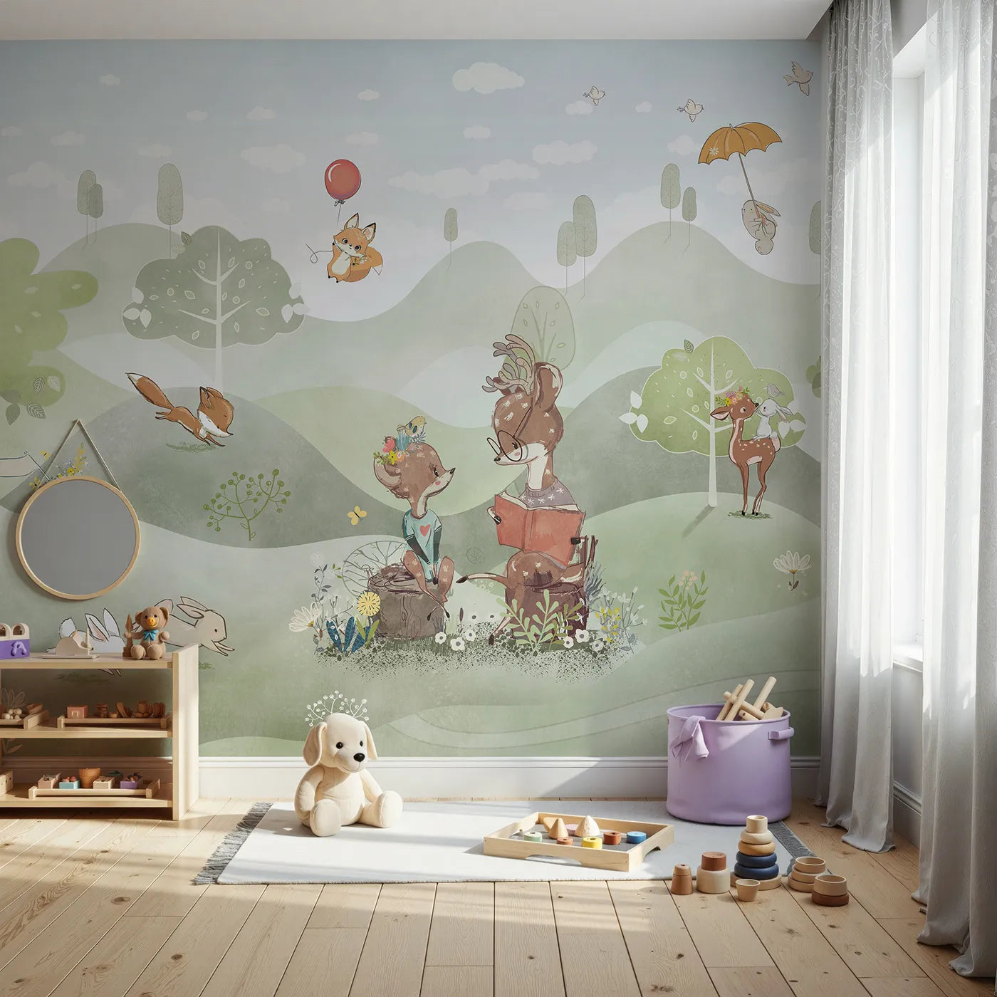 Front view of Whimsy Tots' Woodland Friends Reading Club Wall Mural