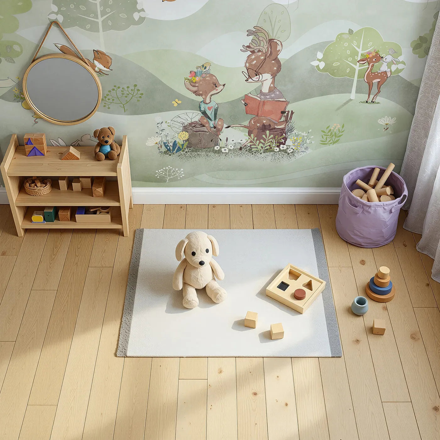 Top-down view of Whimsy Tots' Woodland Friends Reading Club Wall Mural (Turn Their Room into the Sweetest, Most Whimsical Meadow).Gender-Neutral