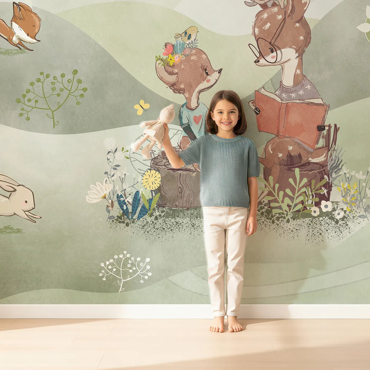 Child in front of Whimsy Tots Woodland Friends Reading Club Wall Mural with animal, woodland, cute, reading, book, deer, fox, green in design.