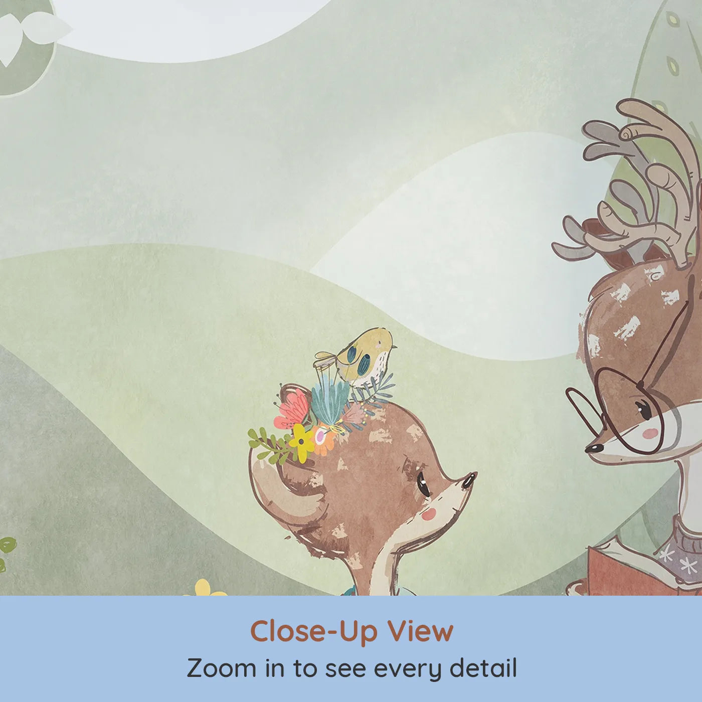 Close-up view of Whimsy Tots' Woodland Friends Reading Club Wall Mural (Turn Their Room into the Sweetest, Most Whimsical Meadow).Gender-Neutral