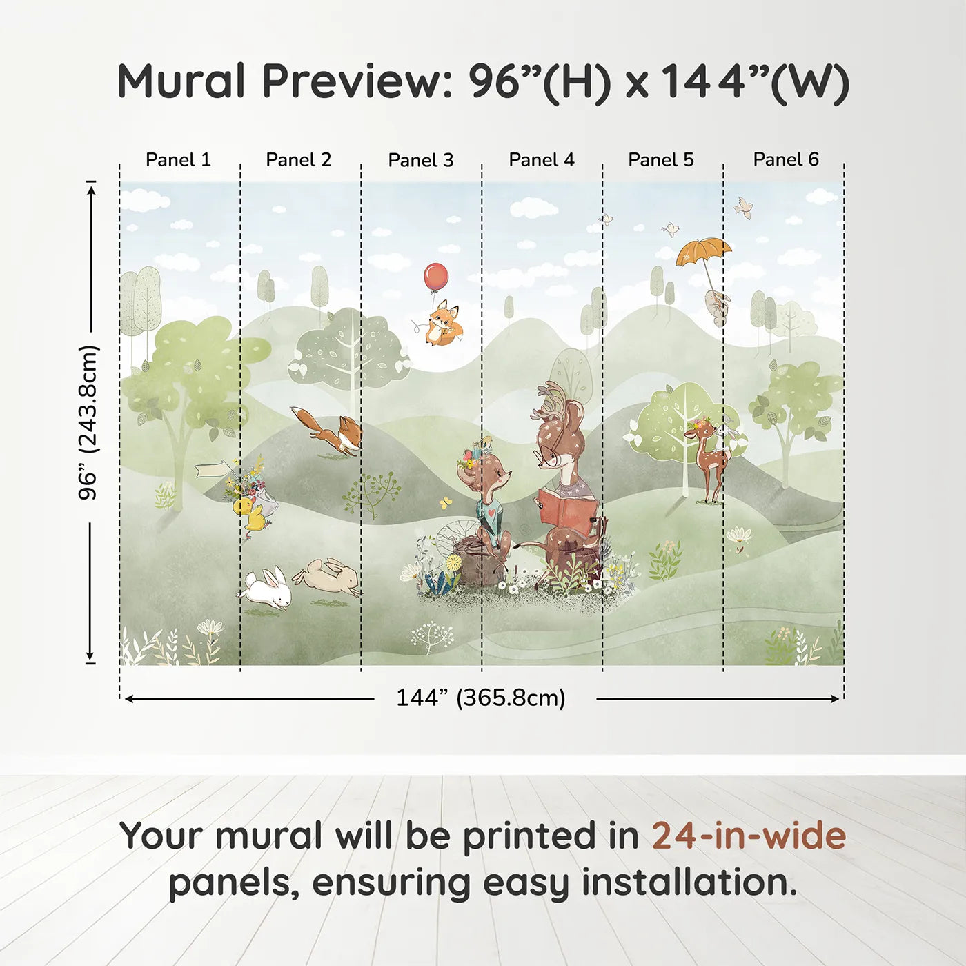 Whimsy Tots Woodland Friends Reading Club Wall Muraldimension view (96" H x 144" W). Printed in six 24-inch-wide panels. Gender-Neutral