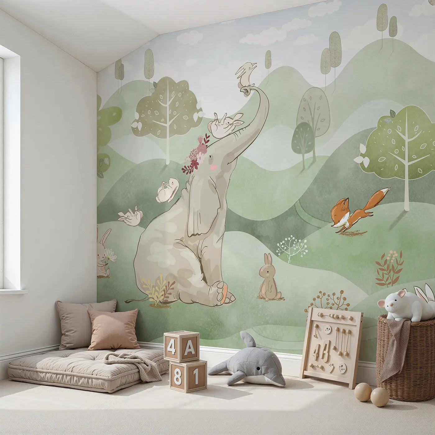 Angled view of Whimsy Tots' Elephant and Friends Playtime Wall Mural (Turn Their Room into a Whimsical Woodland Playground).Gender-Neutral