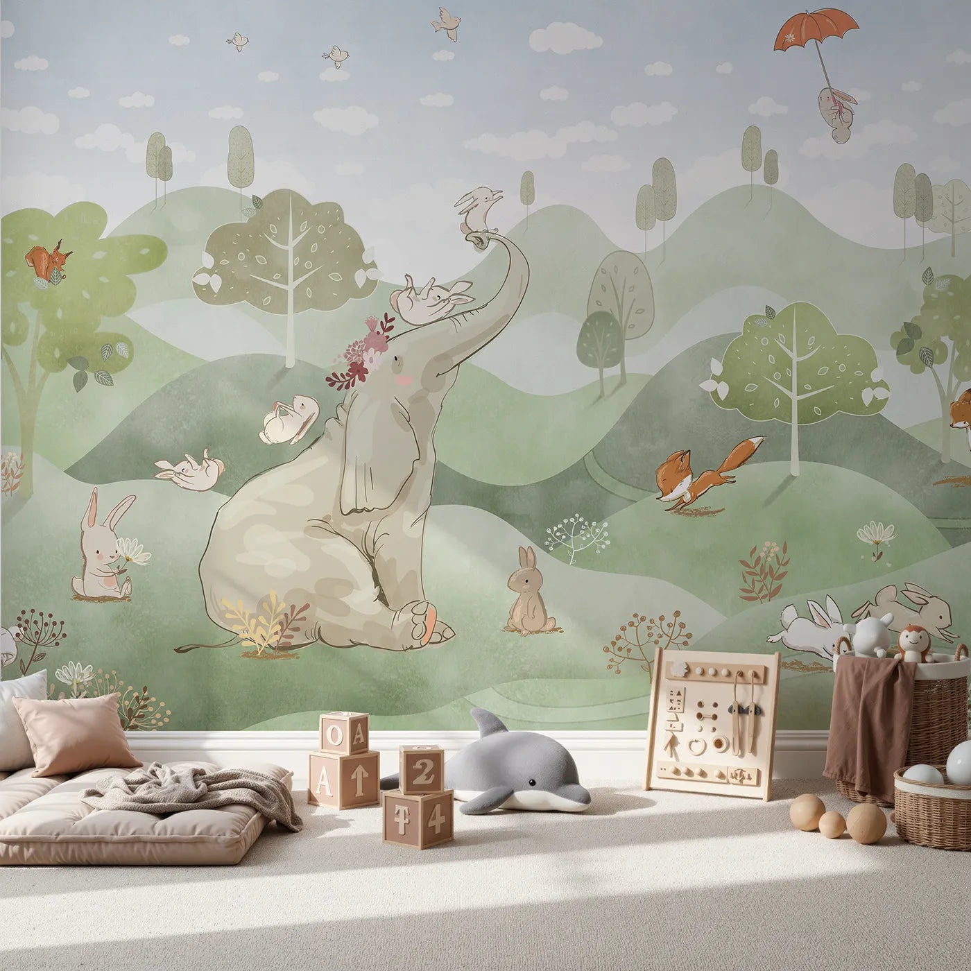 Front view of Whimsy Tots' Elephant and Friends Playtime Wall Mural