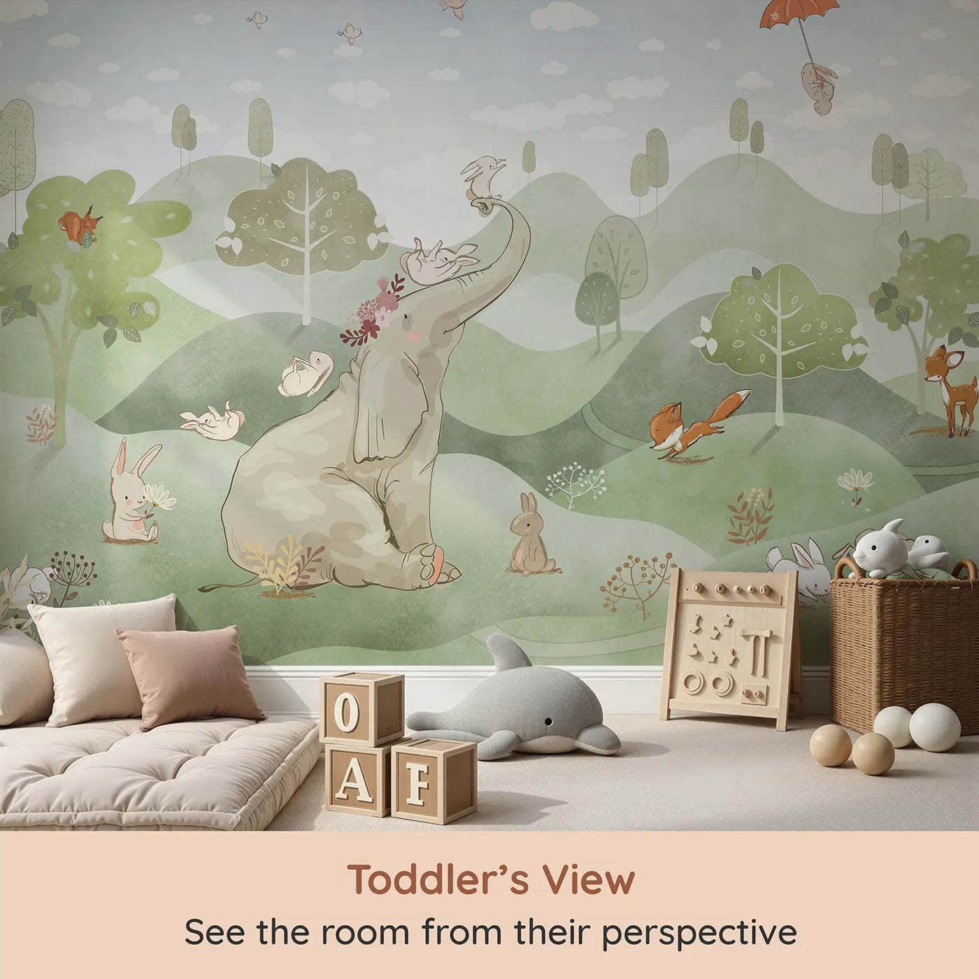 Whimsy Tots Elephant and Friends Playtime Wall Mural (Turn Their Room into a Whimsical Woodland Playground) from your child's view.Gender-Neutral
