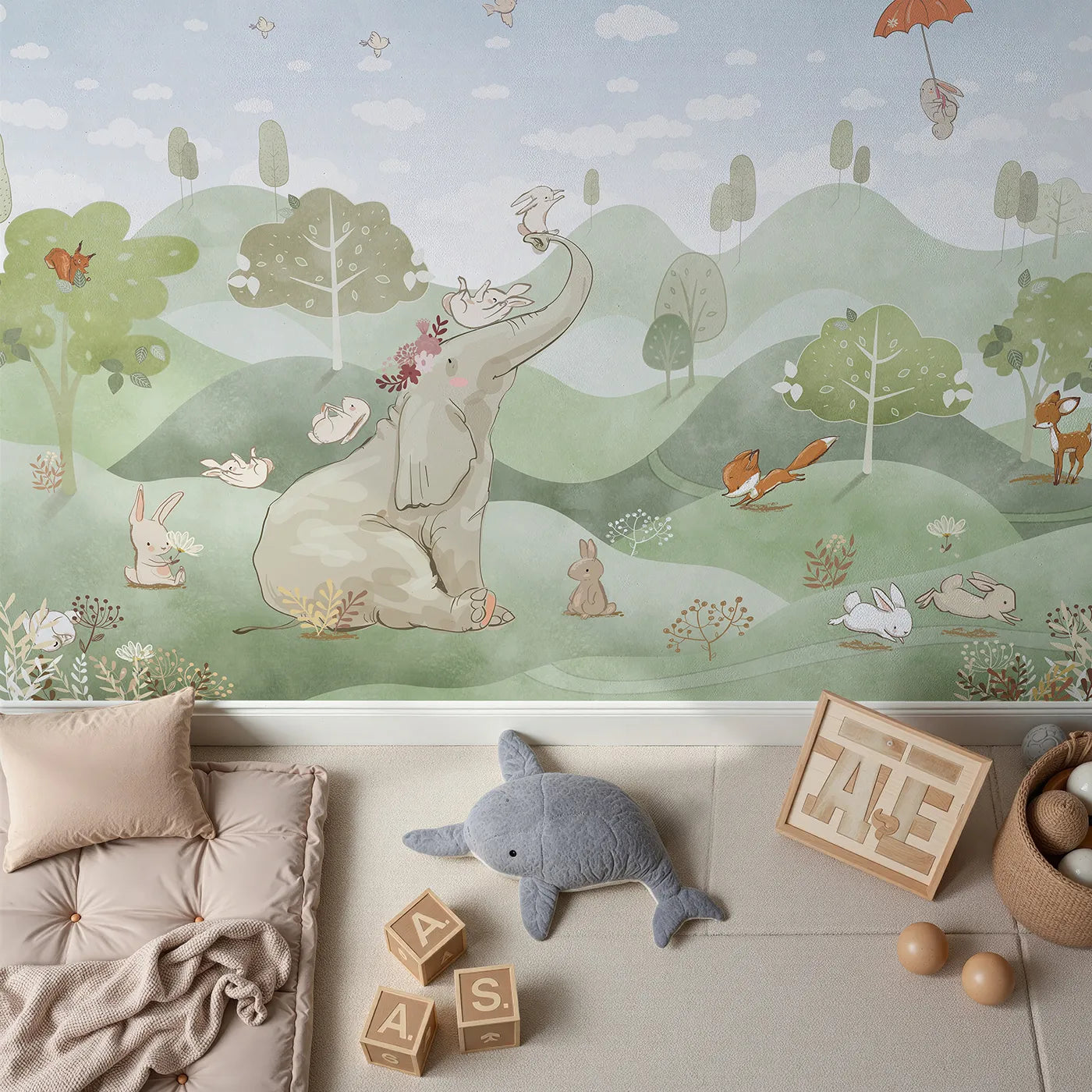 Top-down view of Whimsy Tots' Elephant and Friends Playtime Wall Mural (Turn Their Room into a Whimsical Woodland Playground).Gender-Neutral