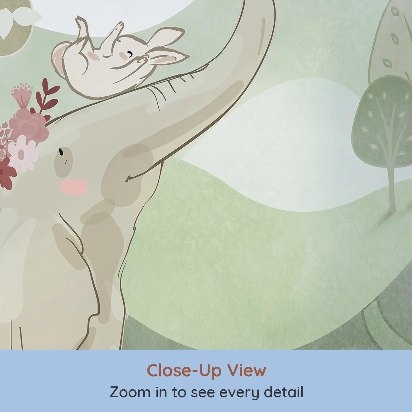 Close-up view of Whimsy Tots' Elephant and Friends Playtime Wall Mural (Turn Their Room into a Whimsical Woodland Playground).Gender-Neutral