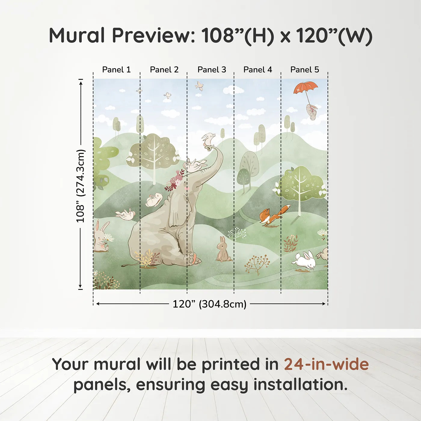 Whimsy Tots Elephant and Friends Playtime Wall Muraldimension view (108" H x 120" W). Printed in five 24-inch-wide panels. Gender-Neutral
