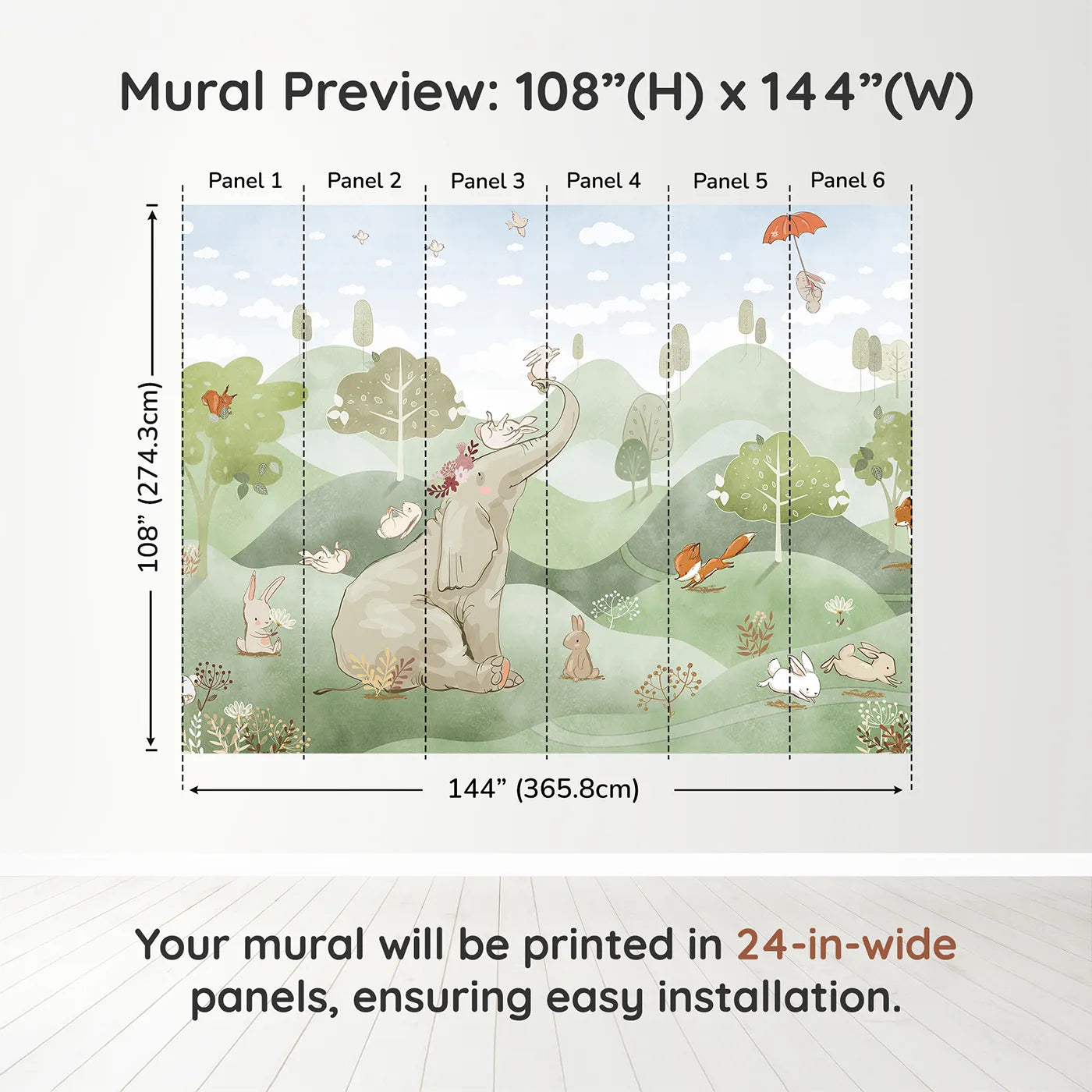 Whimsy Tots Elephant and Friends Playtime Wall Muraldimension view (108" H x 144" W). Printed in six 24-inch-wide panels. Gender-Neutral