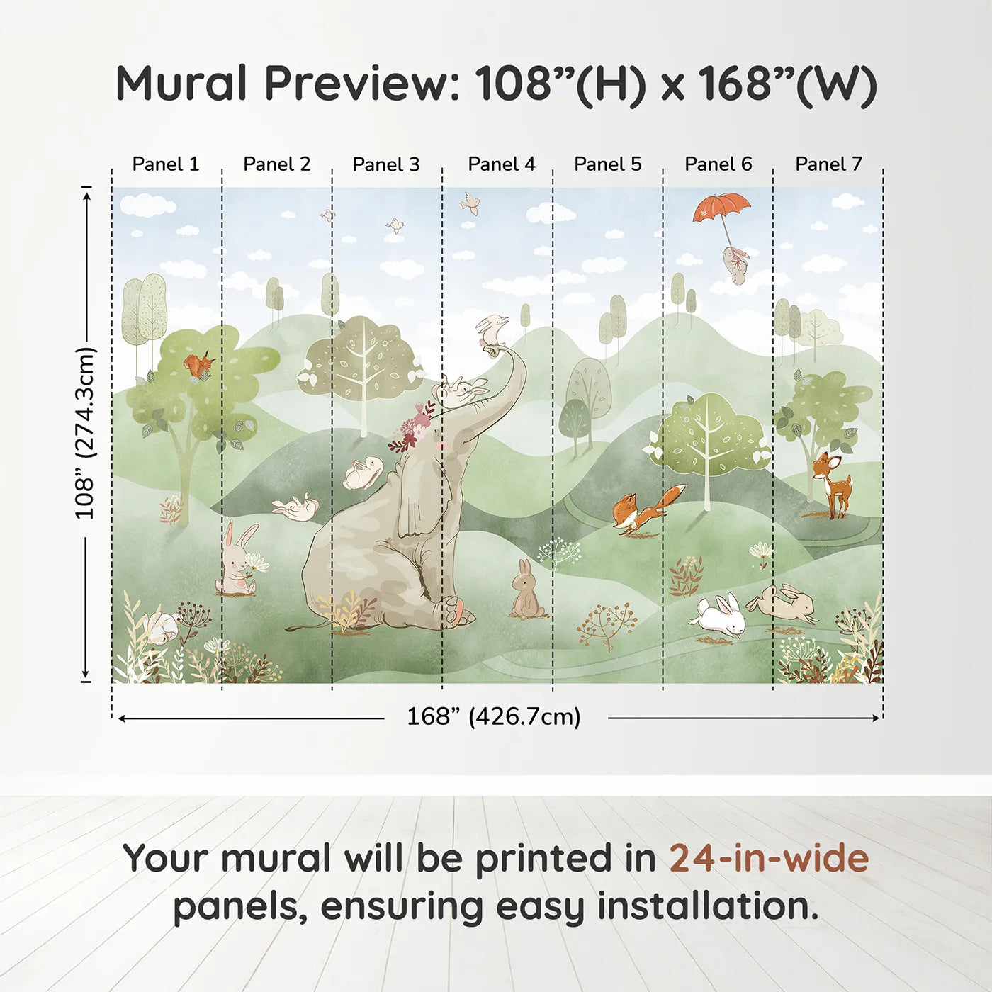Whimsy Tots Elephant and Friends Playtime Wall Muraldimension view (108" H x 168" W). Printed in seven 24-inch-wide panels. Gender-Neutral