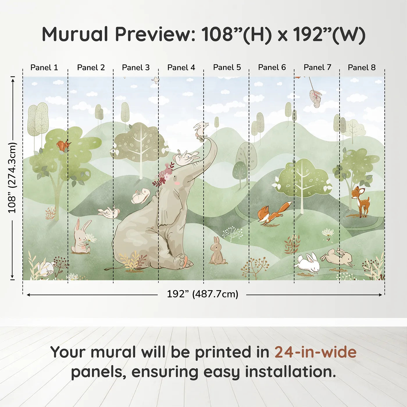 Whimsy Tots Elephant and Friends Playtime Wall Muraldimension view (108" H x 192" W). Printed in eight 24-inch-wide panels. Gender-Neutral