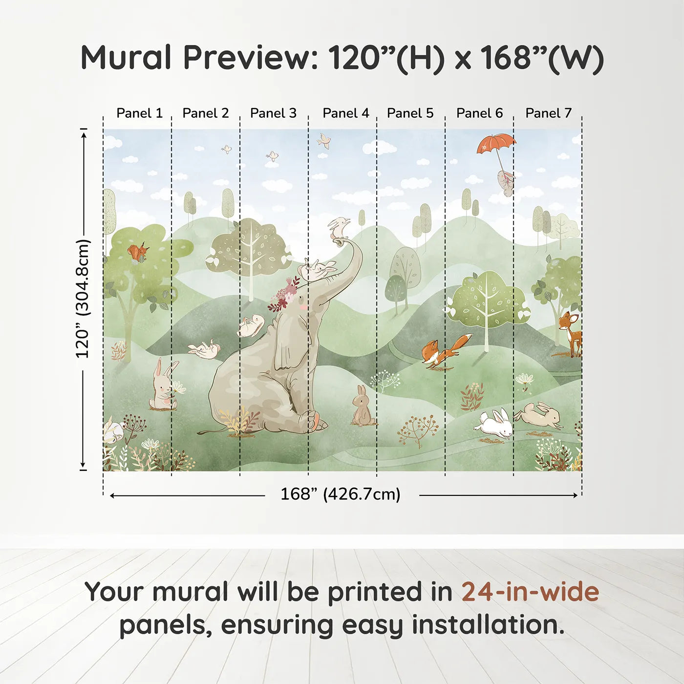 Whimsy Tots Elephant and Friends Playtime Wall Muraldimension view (120" H x 168" W). Printed in seven 24-inch-wide panels. Gender-Neutral