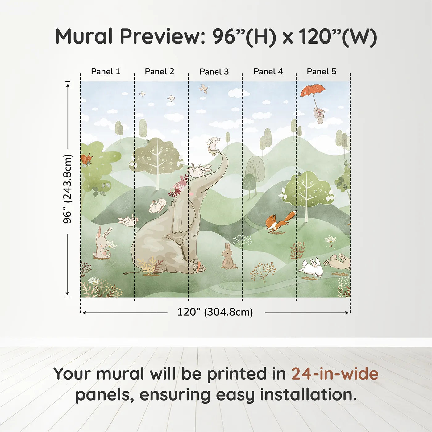 Whimsy Tots Elephant and Friends Playtime Wall Muraldimension view (96" H x 120" W). Printed in five 24-inch-wide panels. Gender-Neutral