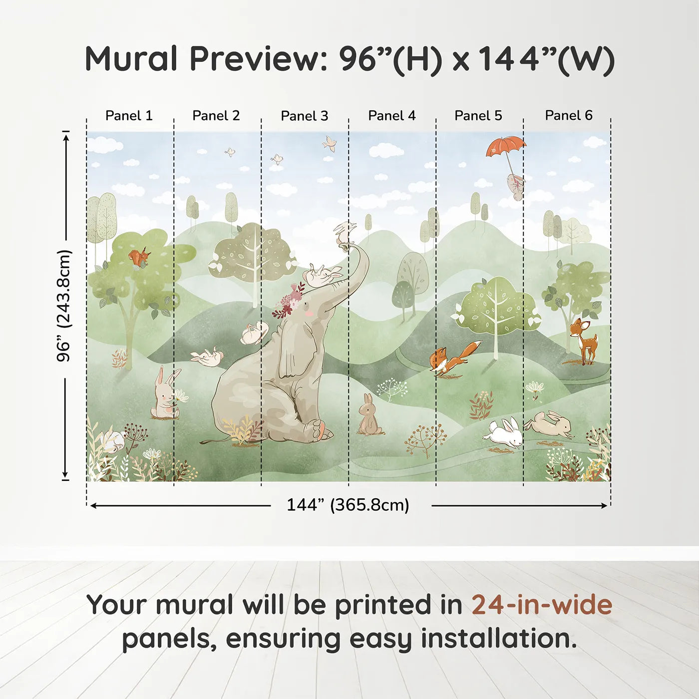 Whimsy Tots Elephant and Friends Playtime Wall Muraldimension view (96" H x 144" W). Printed in six 24-inch-wide panels. Gender-Neutral