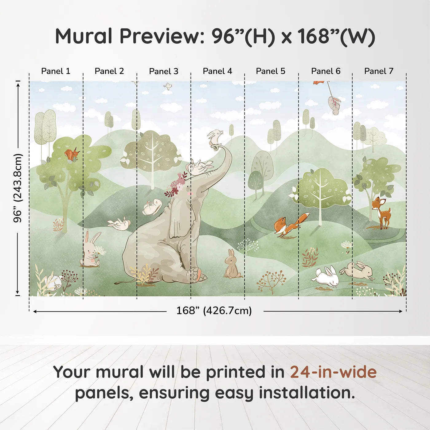 Whimsy Tots Elephant and Friends Playtime Wall Muraldimension view (96" H x 168" W). Printed in seven 24-inch-wide panels. Gender-Neutral