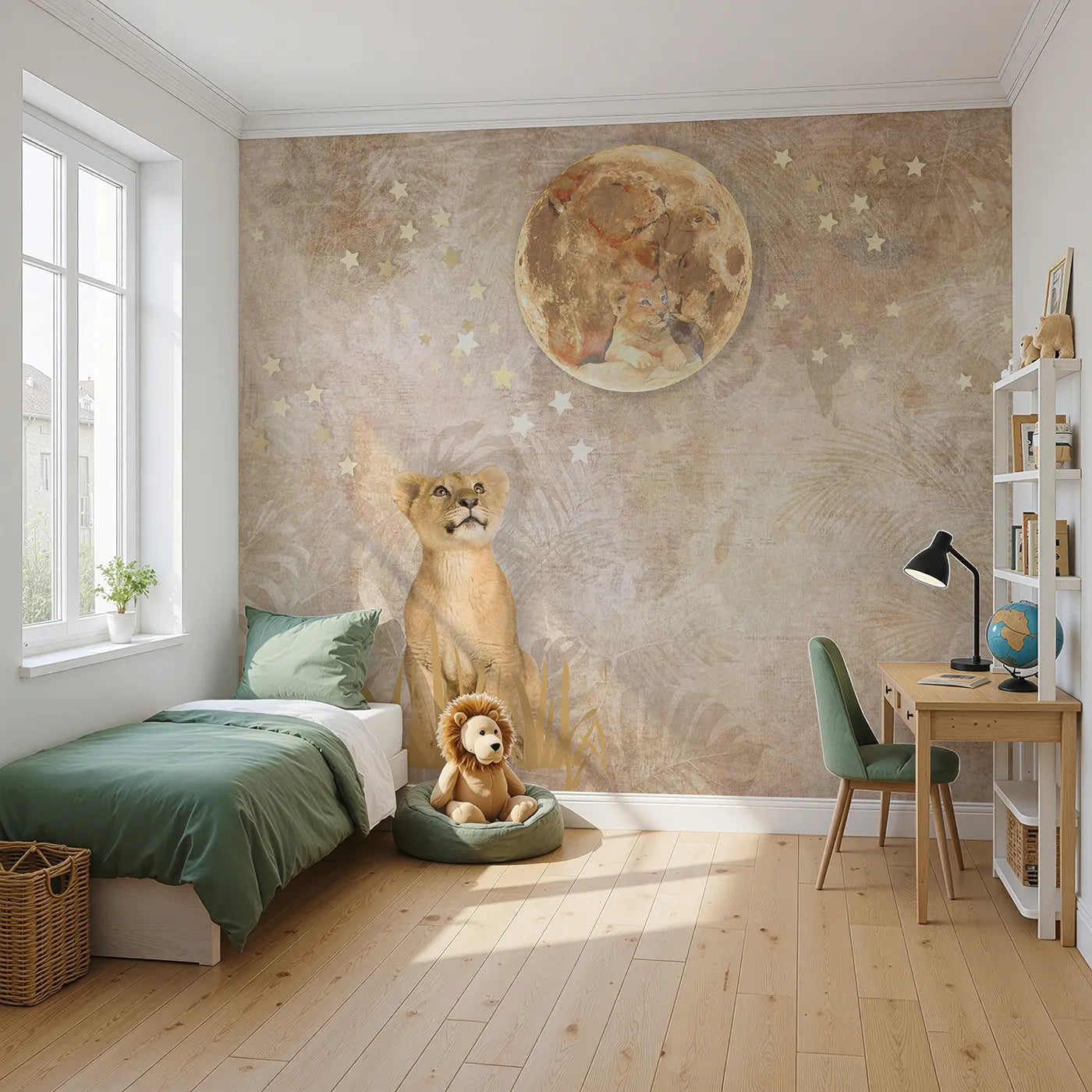Angled view of Whimsy Tots' Lion Cub Moon Gazer Wall Mural (Turn Their Room into a Magical, Starry Night Dream).Gender-Neutral