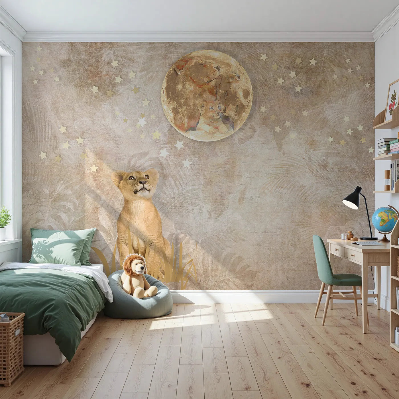 Front view of Whimsy Tots' Lion Cub Moon Gazer Wall Mural