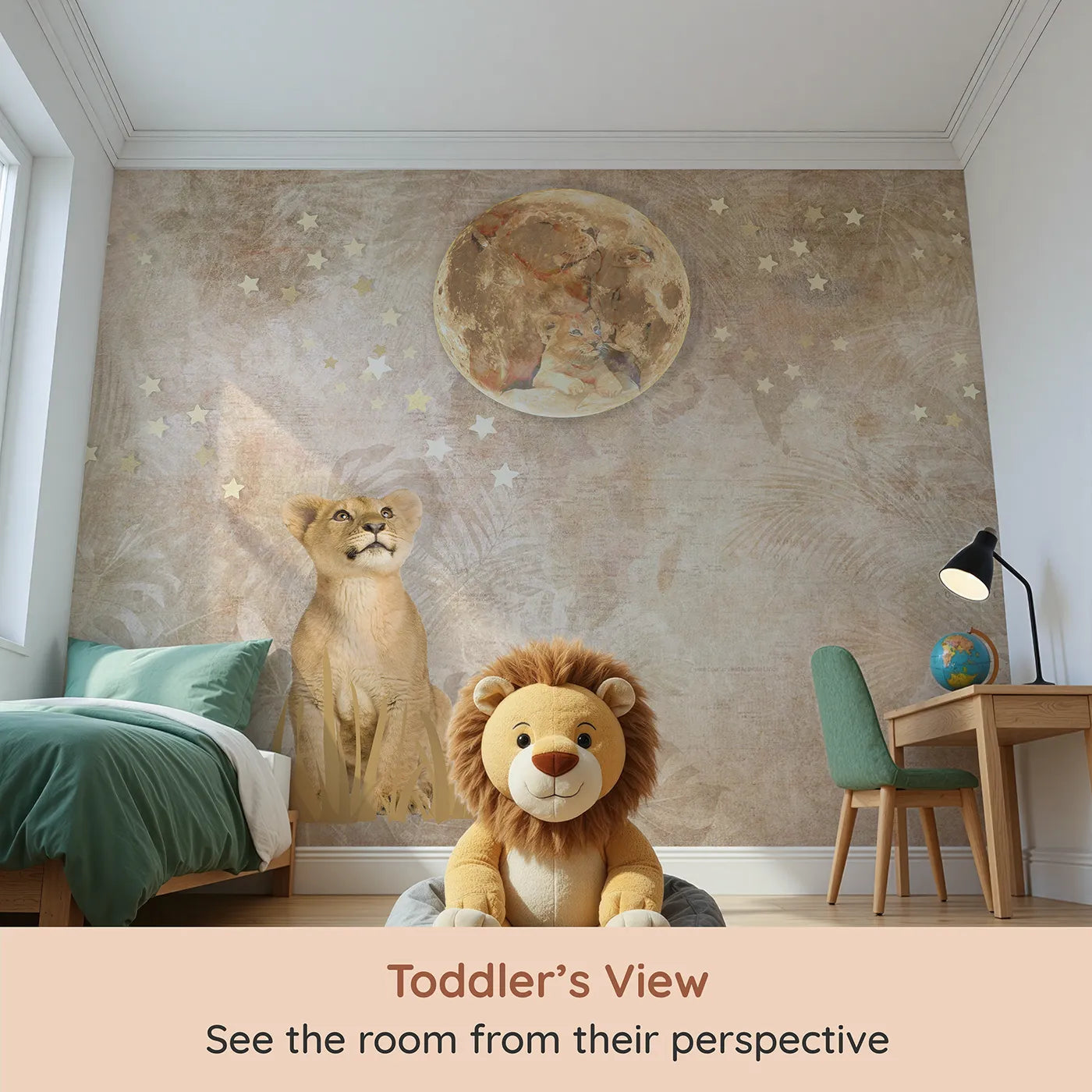 Whimsy Tots Lion Cub Moon Gazer Wall Mural (Turn Their Room into a Magical, Starry Night Dream) from your child's view.Gender-Neutral