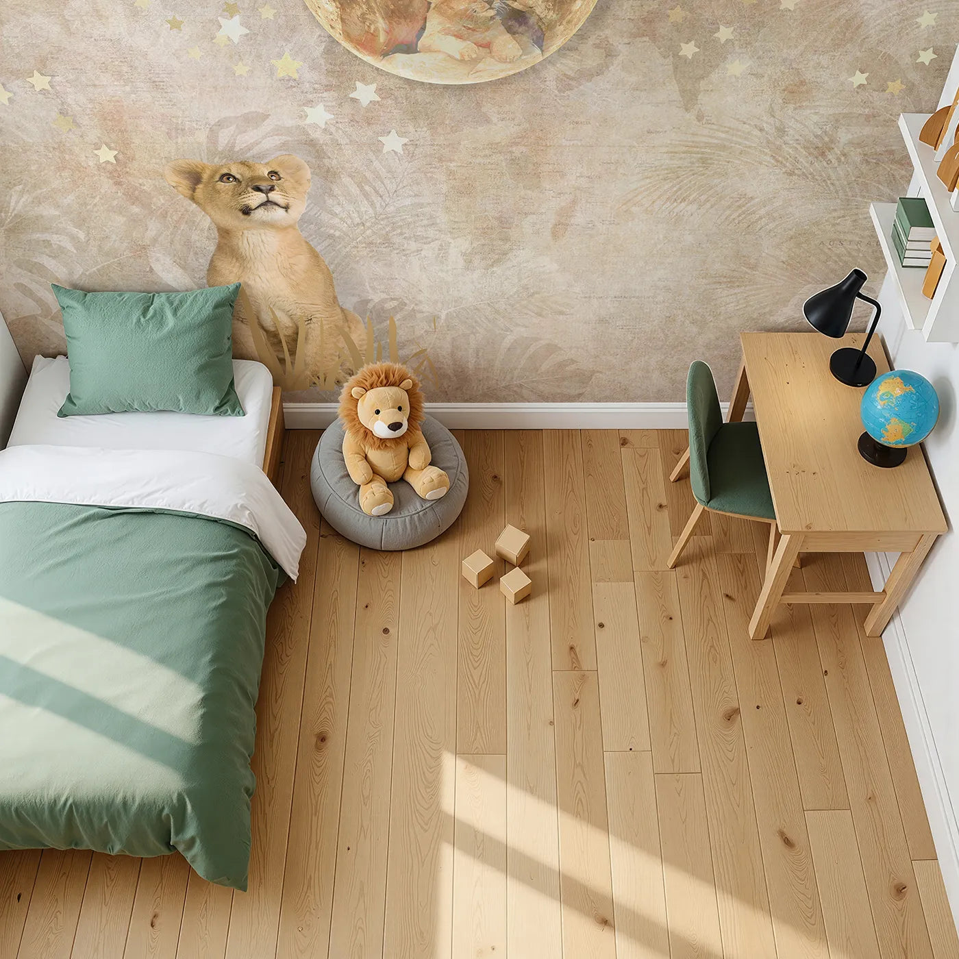 Top-down view of Whimsy Tots' Lion Cub Moon Gazer Wall Mural (Turn Their Room into a Magical, Starry Night Dream).Gender-Neutral