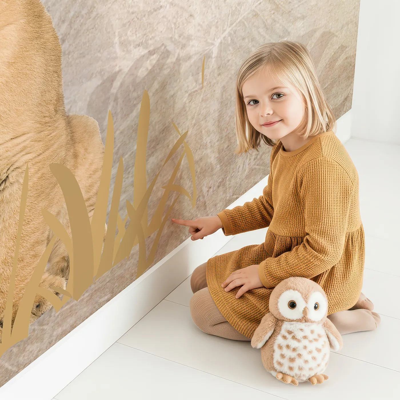 Child in front of Whimsy Tots Lion Cub Moon Gazer Wall Mural with lion, cub, moon, star, cute, safari, animal, family in design.