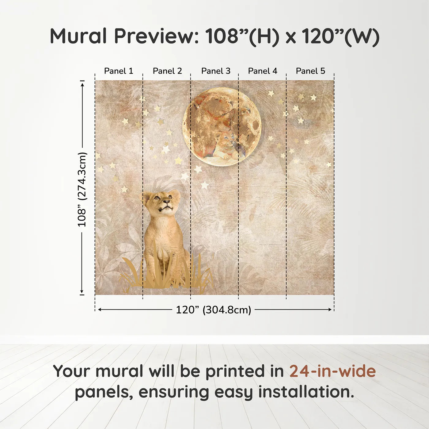 Whimsy Tots Lion Cub Moon Gazer Wall Muraldimension view (108" H x 120" W). Printed in five 24-inch-wide panels. Gender-Neutral