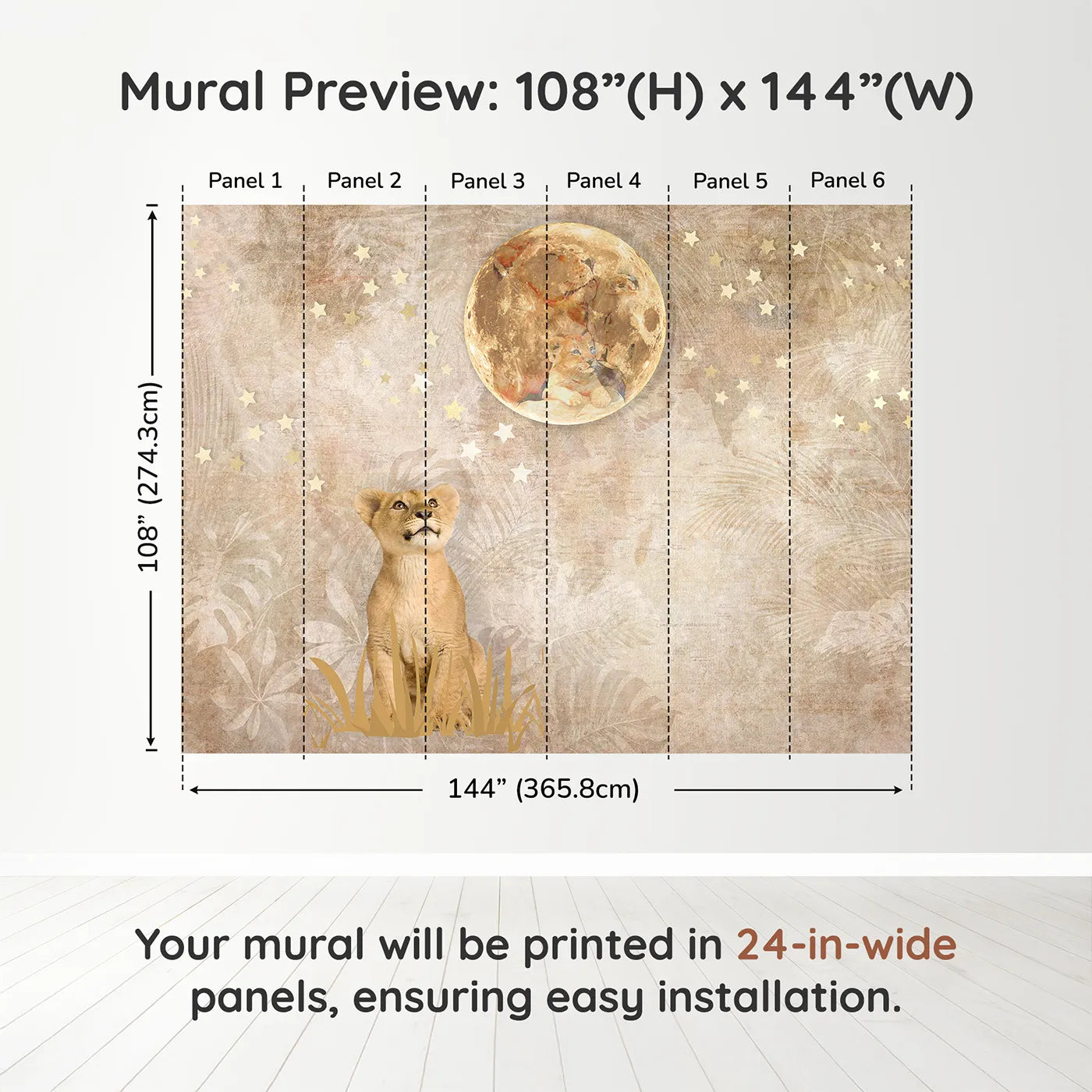 Whimsy Tots Lion Cub Moon Gazer Wall Muraldimension view (108" H x 144" W). Printed in six 24-inch-wide panels. Gender-Neutral