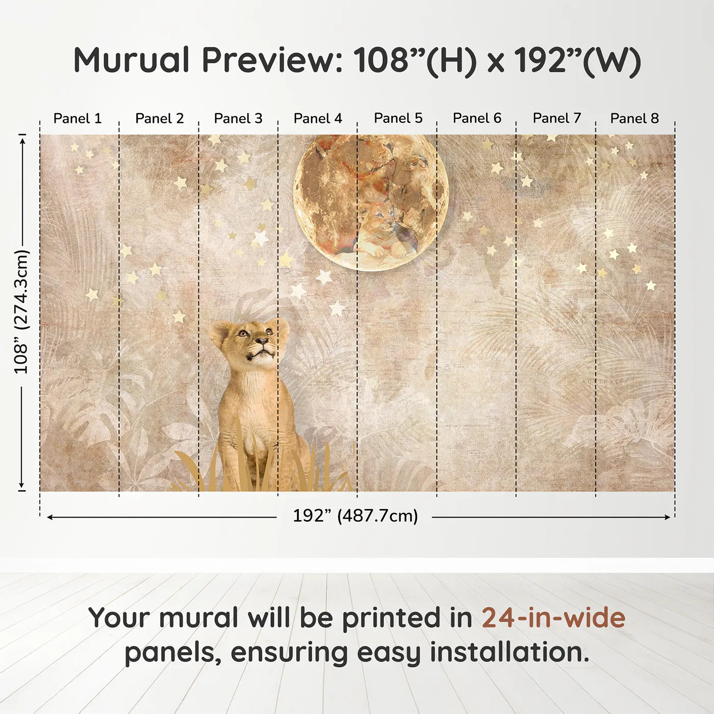 Whimsy Tots Lion Cub Moon Gazer Wall Muraldimension view (108" H x 192" W). Printed in eight 24-inch-wide panels. Gender-Neutral