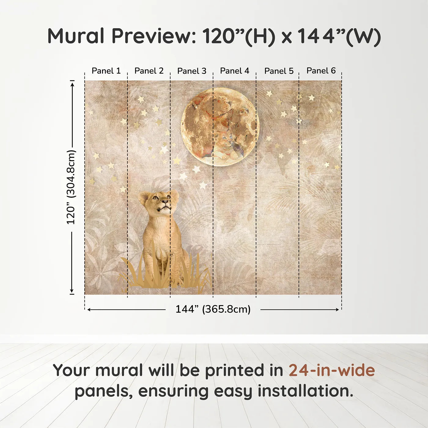 Whimsy Tots Lion Cub Moon Gazer Wall Muraldimension view (120" H x 144" W). Printed in six 24-inch-wide panels. Gender-Neutral