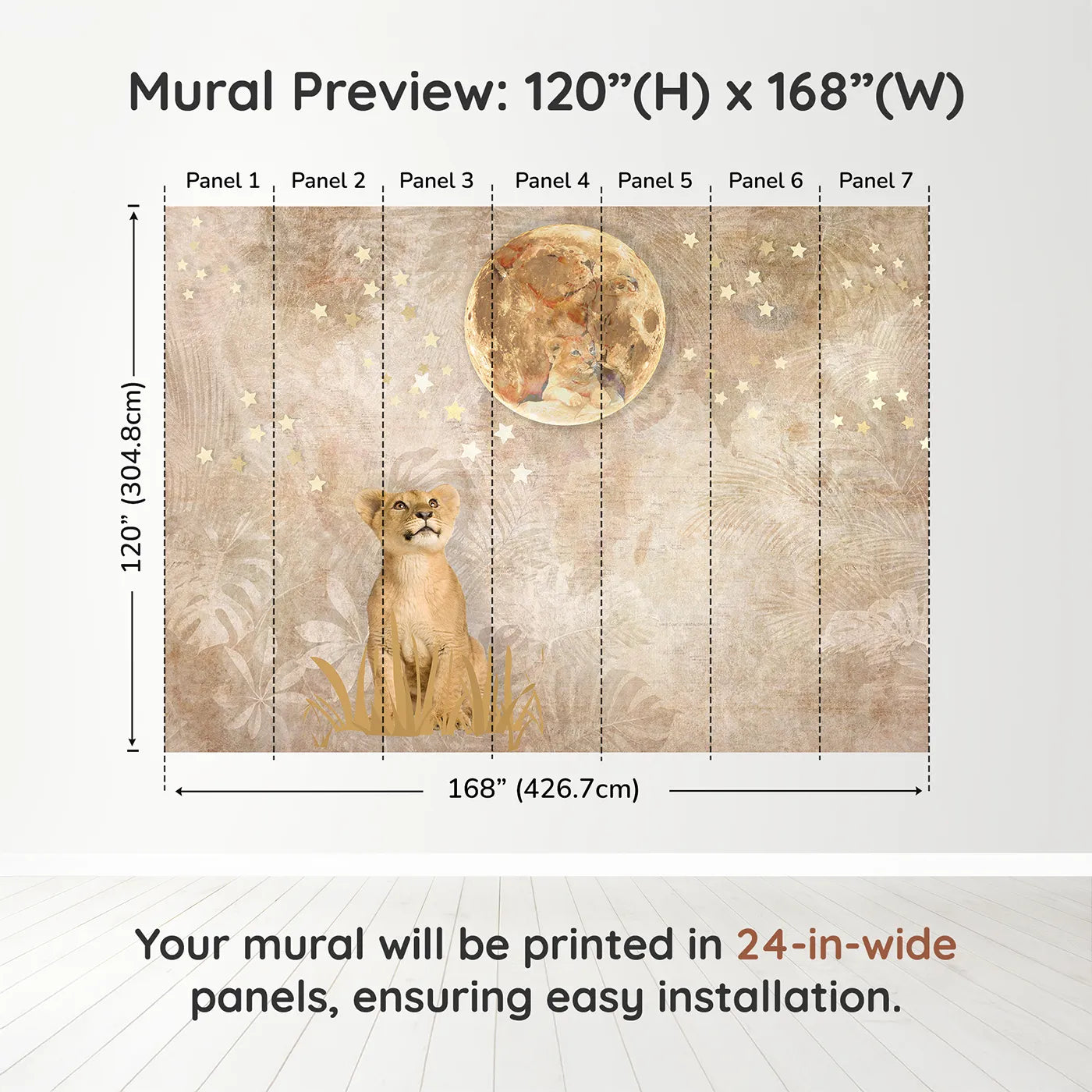 Whimsy Tots Lion Cub Moon Gazer Wall Muraldimension view (120" H x 168" W). Printed in seven 24-inch-wide panels. Gender-Neutral
