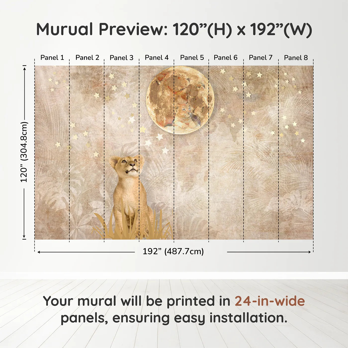 Whimsy Tots Lion Cub Moon Gazer Wall Muraldimension view (120" H x 192" W). Printed in eight 24-inch-wide panels. Gender-Neutral