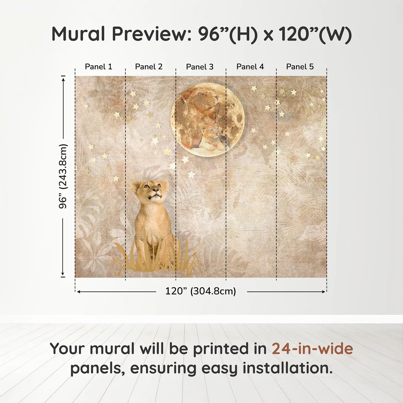 Whimsy Tots Lion Cub Moon Gazer Wall Muraldimension view (96" H x 120" W). Printed in five 24-inch-wide panels. Gender-Neutral