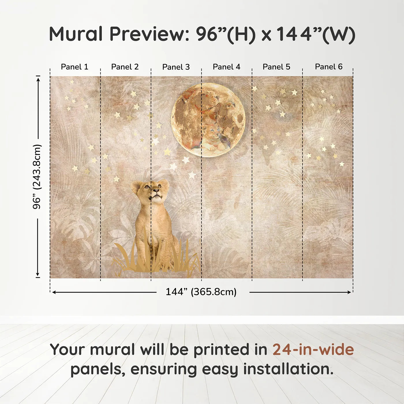 Whimsy Tots Lion Cub Moon Gazer Wall Muraldimension view (96" H x 144" W). Printed in six 24-inch-wide panels. Gender-Neutral