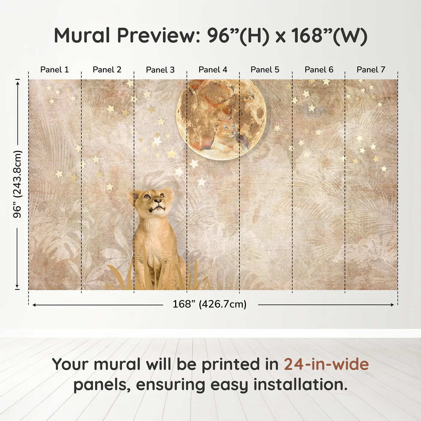 Whimsy Tots Lion Cub Moon Gazer Wall Muraldimension view (96" H x 168" W). Printed in seven 24-inch-wide panels. Gender-Neutral