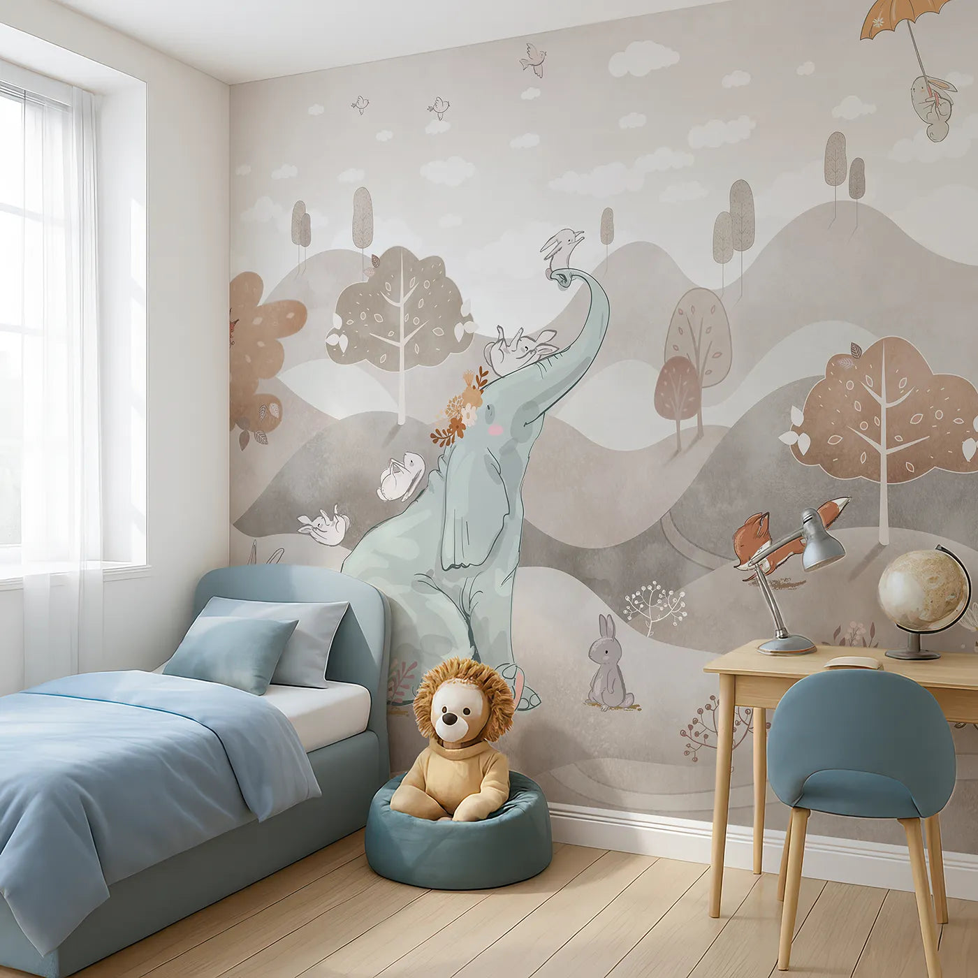Angled view of Whimsy Tots' Elephant and Friends Playtime Wall Mural in Brown (Turn Their Room into a Whimsical Woodland Playground).Gender-Neutral