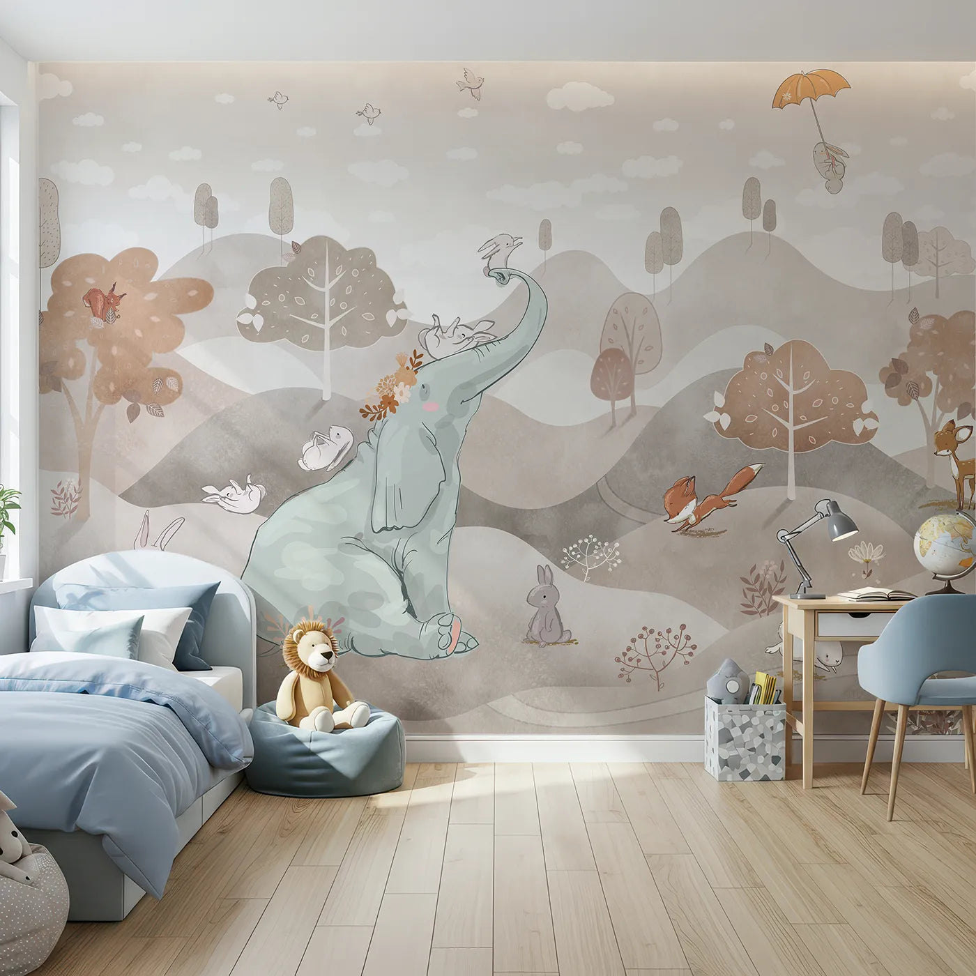 Front view of Whimsy Tots' Elephant and Friends Playtime Wall Mural in Brown