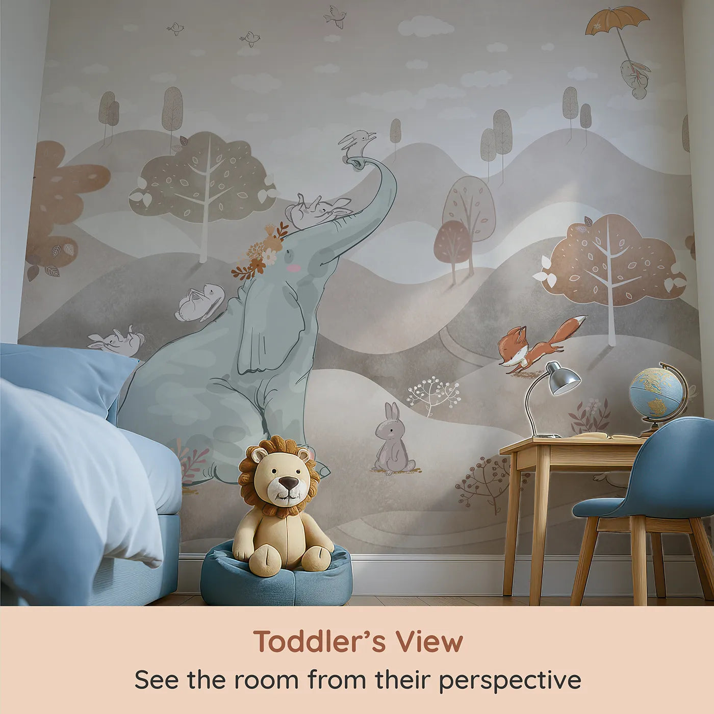Whimsy Tots Elephant and Friends Playtime Wall Mural in Brown (Turn Their Room into a Whimsical Woodland Playground) from your child's view.Gender-Neutral