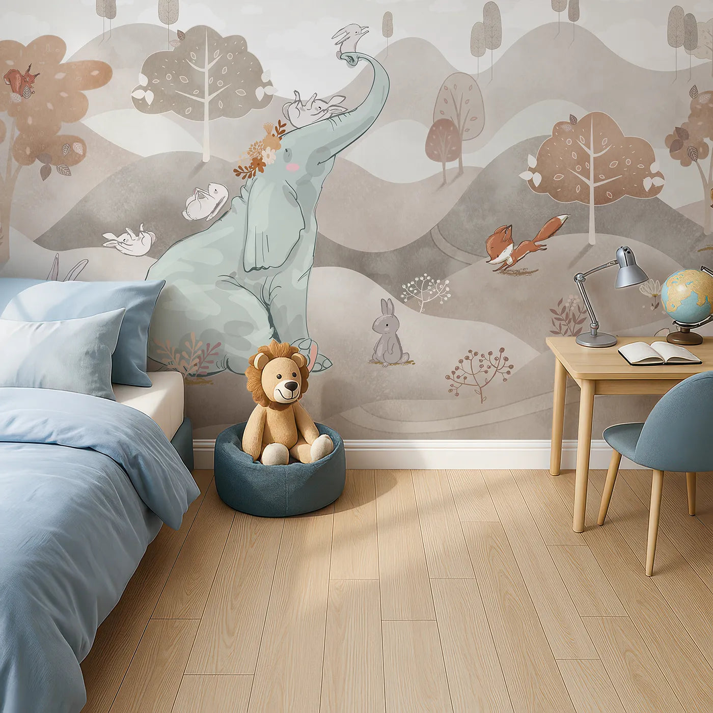 Top-down view of Whimsy Tots' Elephant and Friends Playtime Wall Mural in Brown (Turn Their Room into a Whimsical Woodland Playground).Gender-Neutral
