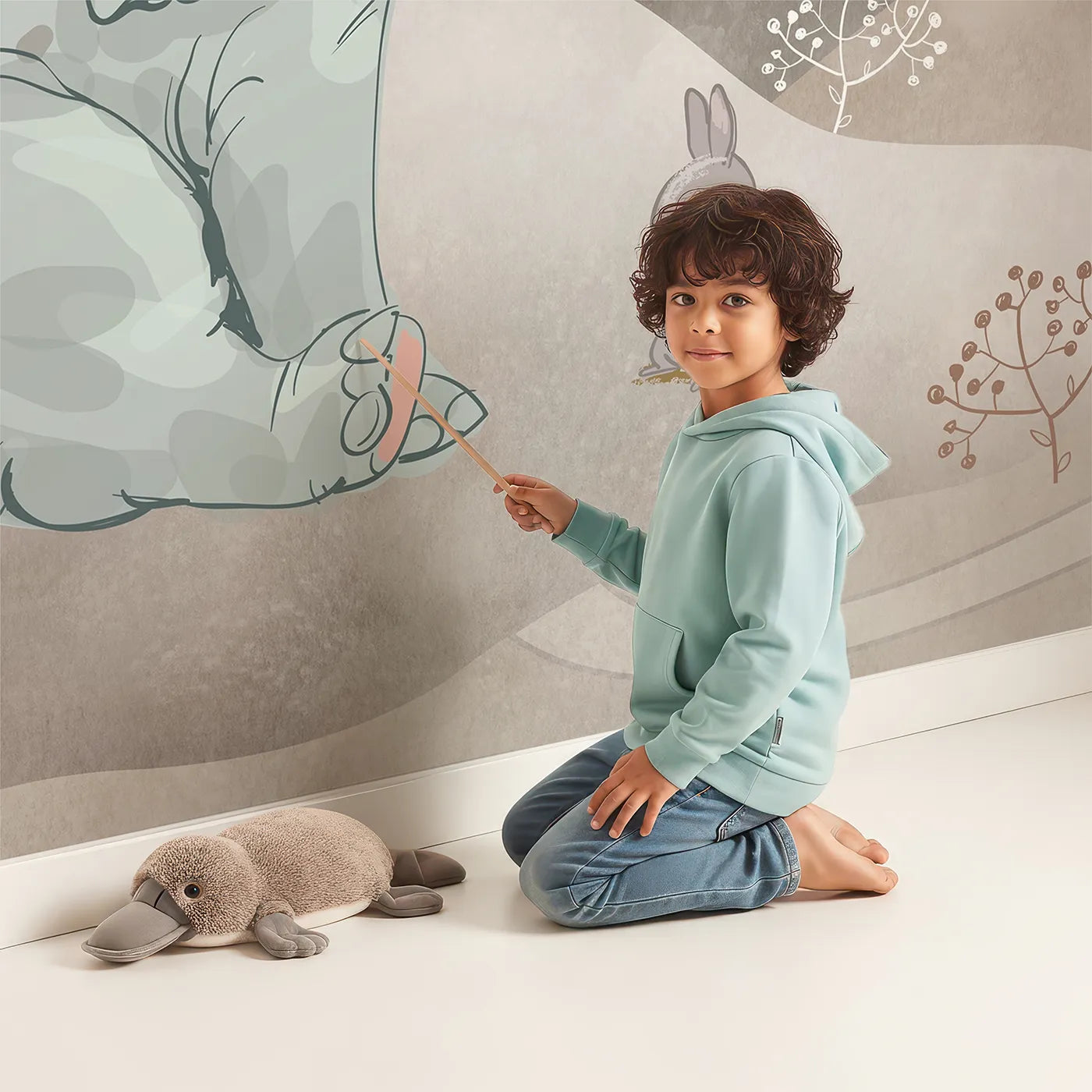 Child in front of Whimsy Tots Elephant and Friends Playtime Wall Mural in Brown with elephant, rabbit, cute, whimsical, animal, brown, landscape, storybook in design.